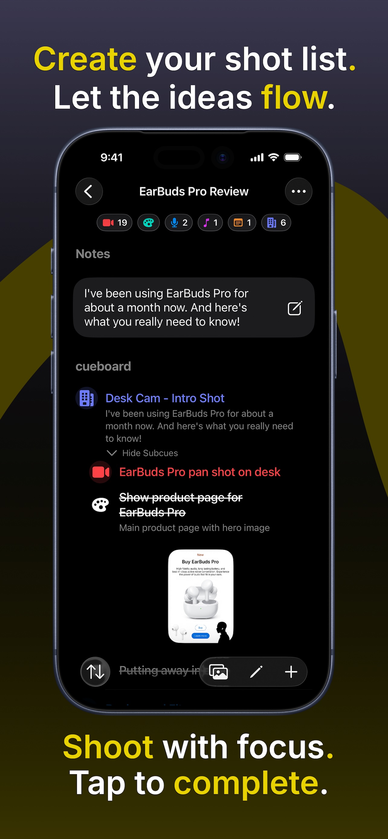 Cueboard shot list with organized video cues and subcues