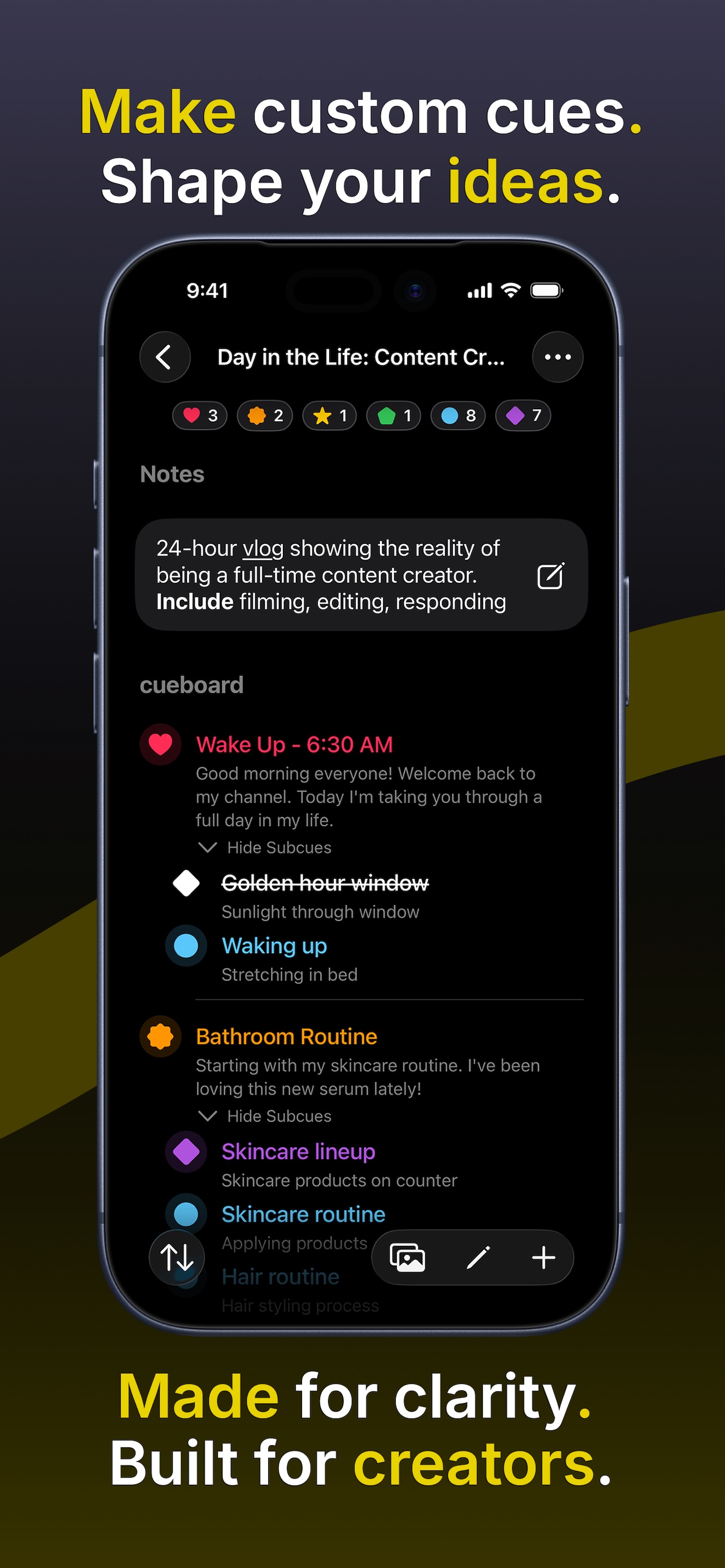 Custom cue types with colors and icons in Cueboard